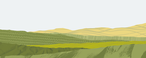 Fototapeta na wymiar Agriculture field collage background with pattern textures. Abstract farm collage texture and eco design for a sustainable landscape background or banner. Asian countryside view.