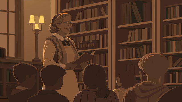 Engaging storyteller captivating children with a book in a cozy library filled with knowledge and wonder, inspiring a love of reading and learning