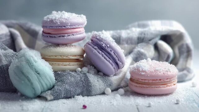 Assorted pastel macarons dusted with snow resting on soft fabric in a wintry scene.