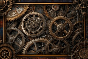Obraz premium Detailed view of metal cogwheels with steampunk design elements and vintage mechanical parts
