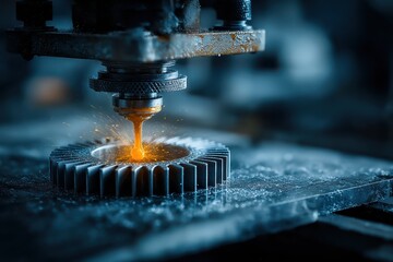 Precision machining with molten metal and sparks illustrates advanced manufacturing, showcasing automation in the industrial sector and the creation of metal parts