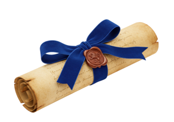 Old paper scroll with blue ribbon and wax seal isolated, vintage document with handwritten text for medieval or fantasy themes