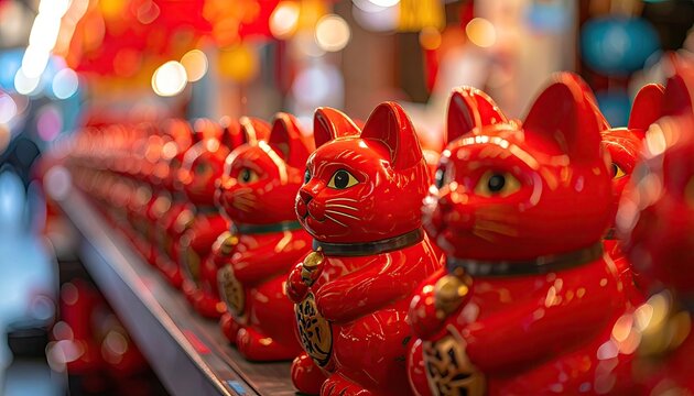 Close up of Many Red Maneki Neko Figurines with Golden Details in a Row and Blurry Lights Background and Festive Atmosphere and Lucky Theme