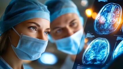 Male and female surgeons collaborating over brain scans on a digital screen in a high-tech OR, surgical strategy teamwork, brain scan surgical preparation, high-tech medical collab - Powered by Adobe