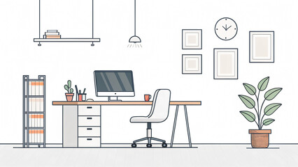 Fototapeta premium Home office workspace illustration with computer, desk, books, stationery, chair, indoor plants, flat style interior design concept for business, education, lifestyle, creative projects