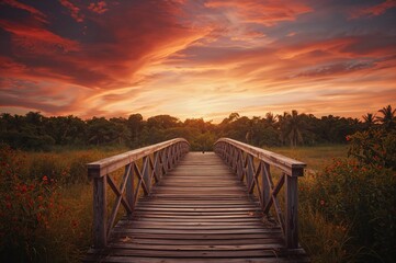 Fototapeta premium Wooden old bridge at sunset with flowers and natural scenery