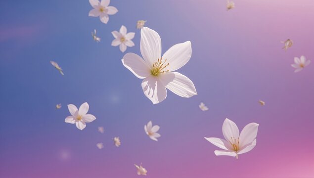 White jasmine flowers floating gracefully against a blue backdrop, symbolizing levitation and zero gravity with high clarity.