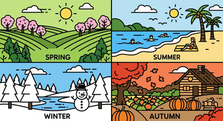 Four seasons illustration: spring with green fields, summer beach, winter snow scene, and autumn pumpkins by a cabin.