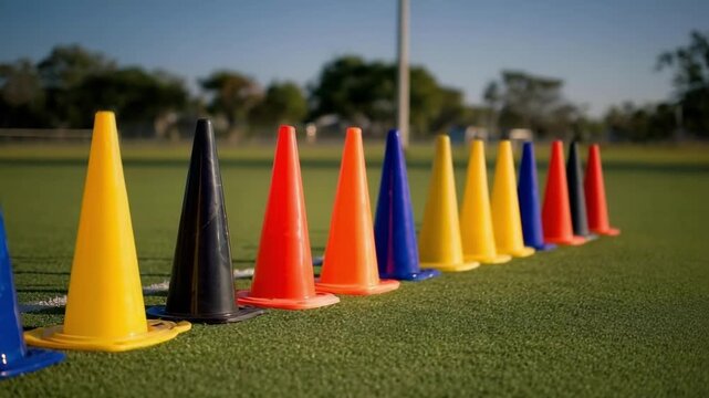 Row of multicolored traffic cones lined up on a green sports field for drill practice.
