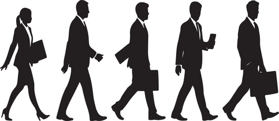Silhouette of Business People Walking with Briefcases and Phone on White women
