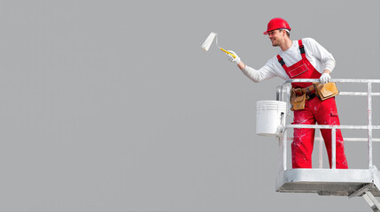 Caucasian male adult painter in red overalls paints wall on lift