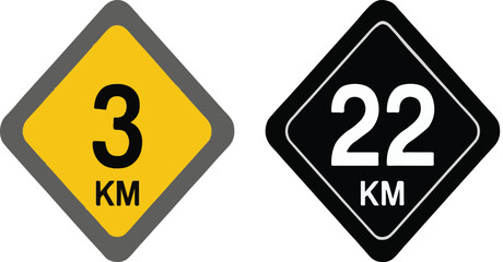Two Distance Marker Signs One Yellow 3KM and One Black 22 KM kilometer