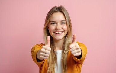 A young woman with blonde hair and a bright smile gives two thumbs up signifying approval and agreement with a positive and happy gesture. High quality