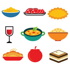 Hand Drawn Italian Food and Drink Vector Icon Set – Sketch Style Pasta, Pizza, Wine, Coffee & Dessert Illustrations