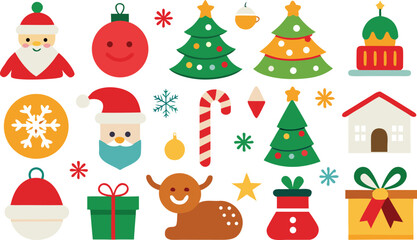 Collection of festive christmas holiday icons including santa claus decorated trees gifts and reindeer