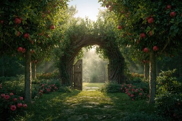 Enchanted orchard featuring an archway entrance illuminated by sunlight, mystical gates within a lush green woodland, eco-friendly setting with open space for text, captivating natural scenery