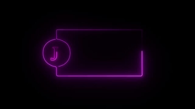 colorful glowing neon J text icon animation. Square rectangle picture frame with one tone neon color motion graphic on isolated black a background.neon text J, icon, 4k video black background.