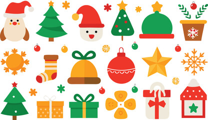 Collection of festive christmas icons and decorations featuring snowman santa claus christmas trees and gifts