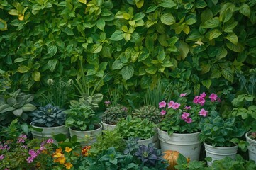 Small garden with white containers backdrop, cuisine, warm season, natural environment, new growth, foliage, greenery, agriculture