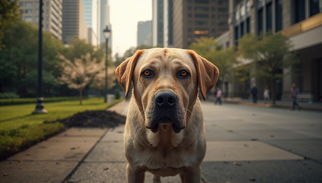 Labrador dog defecating looking sorrowful