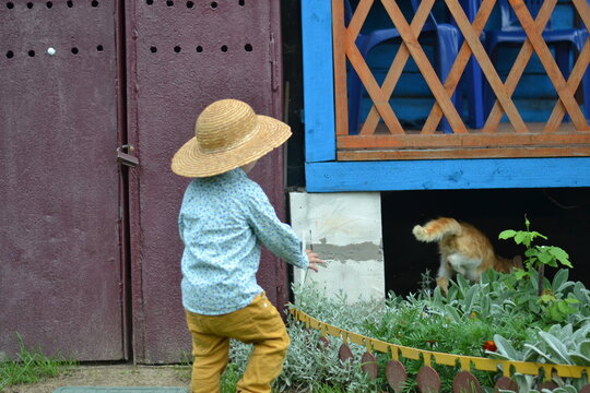 a little boy in a straw hat in an apple orchard
