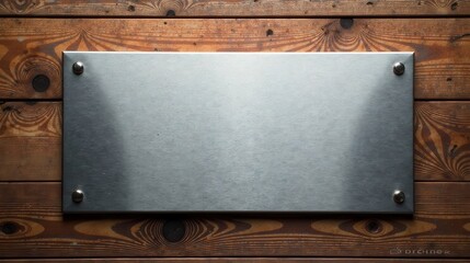 Blank metallic sign fastened to rustic wooden planks, ideal for adding personalized text or graphics.