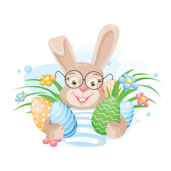 Cute Easter bunny with colored Easter eggs. Vector illustration in cartoon style.