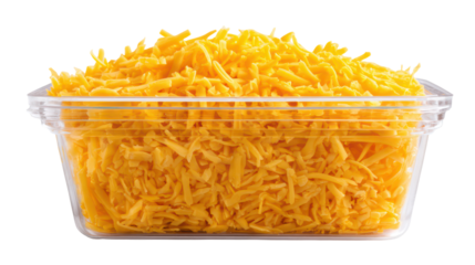 Grated cheddar cheese in clear plastic container isolated on transparent background
