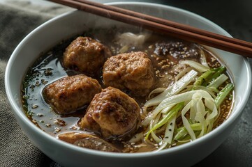 Detailed view of a bowl filled with meatball soup, noodles, and leafy greens