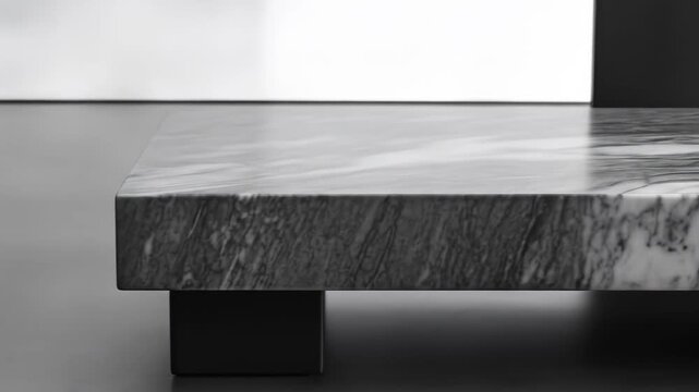 Minimalist modern stone table with black base on concrete floor