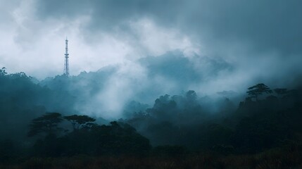 A solitary transmission tower stands tall amidst a dense mist shrouded mountain forest under a cloudy sky