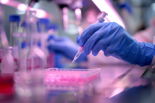 Close-up shot of the hands in blue gloves holding an eyedropper over one well on top