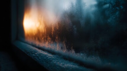 A frosty window pane reveals a warm glowing light creating a cozy contrast between the indoor chill and outdoor brightness