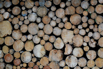 full frame background of a neat stack of cut firewood or logs