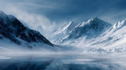 A majestic vast and serene snowy mountain landscape unfolds featuring towering icy peaks and a reflective frozen lake under a clear blue sky