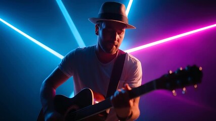 Young man performing a country hit with a guitar under cinematic neon lights at a music festival, country music stage performance, young guitarist singer, neon spotlight festival, - Powered by Adobe