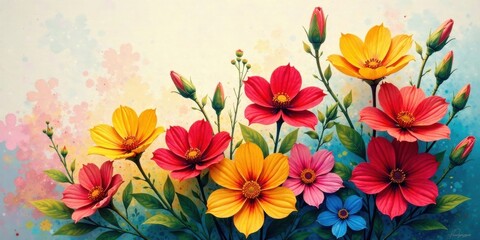 Obraz premium Vibrant Blossoms A Colorful Arrangement of Flowers in Full Bloom, Displaying a Delicate Watercolor-Like Background