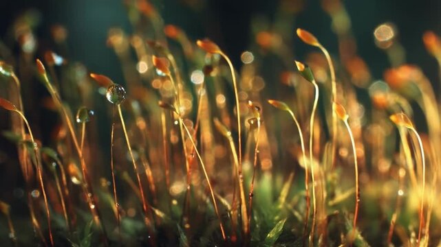 Close-up of moss sporophytes with slender stalks and tiny capsules, dew droplets glittering on a mossy mat.