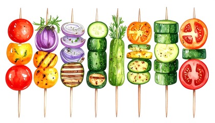 Watercolor Illustration of Grilled and Fresh Vegetable Skewers