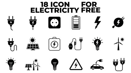 Electricity Free Icons Set, Plugs, Panels, Batteries, Light Bulbs, Wind Turbines and Car Charging