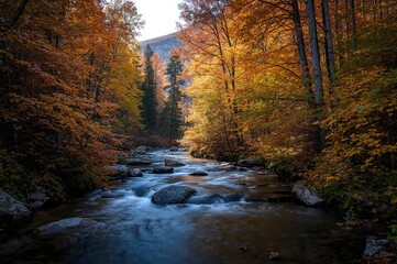 Fototapeta premium Autumn woodland with flowing mountain creek