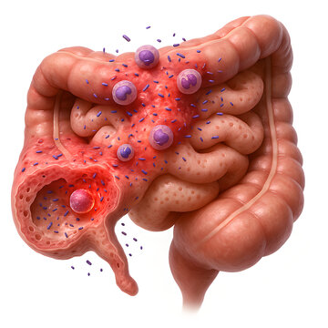 3D rendering of complications of appendicitis, showing ruptured appendix with localized abscess and pus formation, educational medical visualization, white background