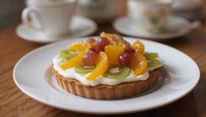 A slice of fruit tart presented on a ceramic dish over a rustic wooden surface. A nutritious sweet treat featuring cream cheese filling and topped with slices of kiwi, grapes, and citrus. Accompanied