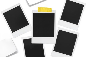 Moodboard layout featuring empty photo cards, ripped paper pieces, and a polaroid frame fixed with yellow tape on a white background for simple customization.