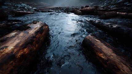 A murky river carries fallen logs and debris through a dark atmospheric wilderness scene