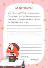 Dear Santa Claus, paper letter template, sample. Christmas wish list, winter holiday mail, Xmas design with festive decoration frame. Seasonal addressing blank with lines. Flat vector illustration