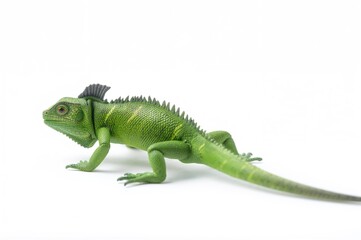 Fototapeta premium Plastic toy iguana model for kids, isolated on white background, close-up