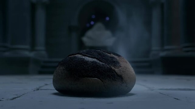 Burnt bread roll on a stone floor with eerie glowing eyes in the background
