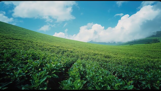 A hillside blanketed with dense tea bushes under a bright sky