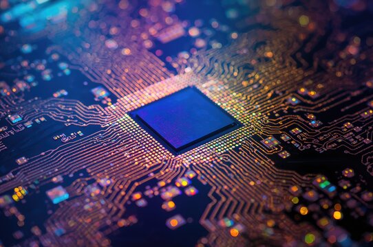 Close-up of a silicon wafer featuring vibrant neon integrated circuits for CPU and GPU production - Powered by Adobe
